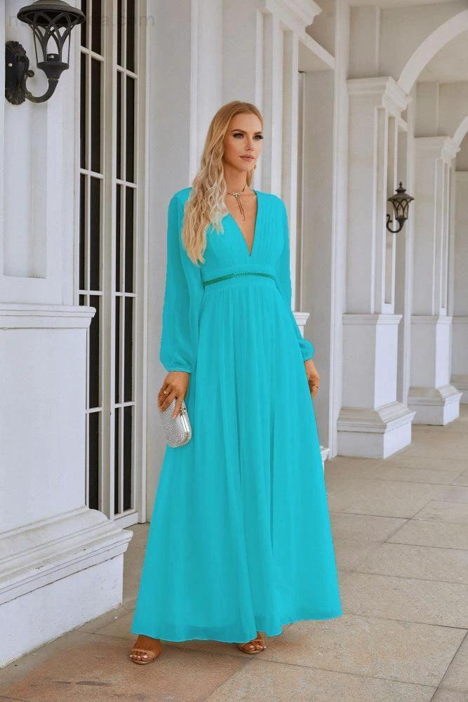 Ladies V Neck Chiffon Long Sleeve Front Slit Bridesmaid Evening Dress Wedding Party Shopping Evening Dress 28109 - Image 64