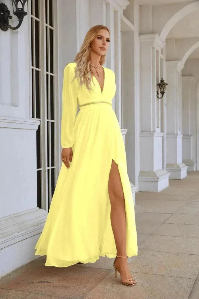 Ladies V Neck Chiffon Long Sleeve Front Slit Bridesmaid Evening Dress Wedding Party Shopping Evening Dress 28109 - Image 65