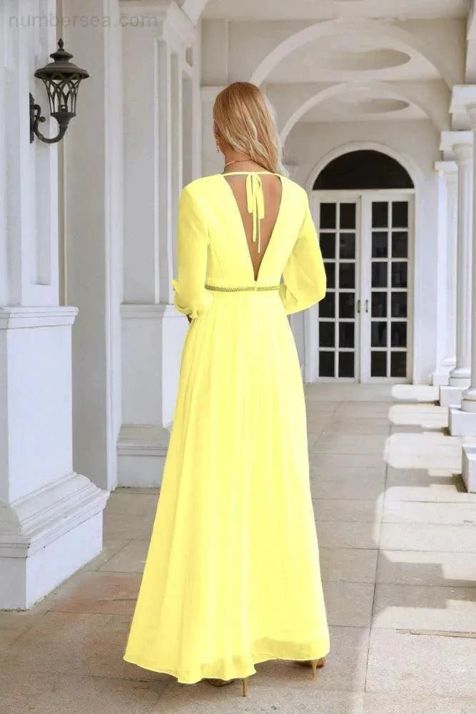 Ladies V Neck Chiffon Long Sleeve Front Slit Bridesmaid Evening Dress Wedding Party Shopping Evening Dress 28109 - Image 66