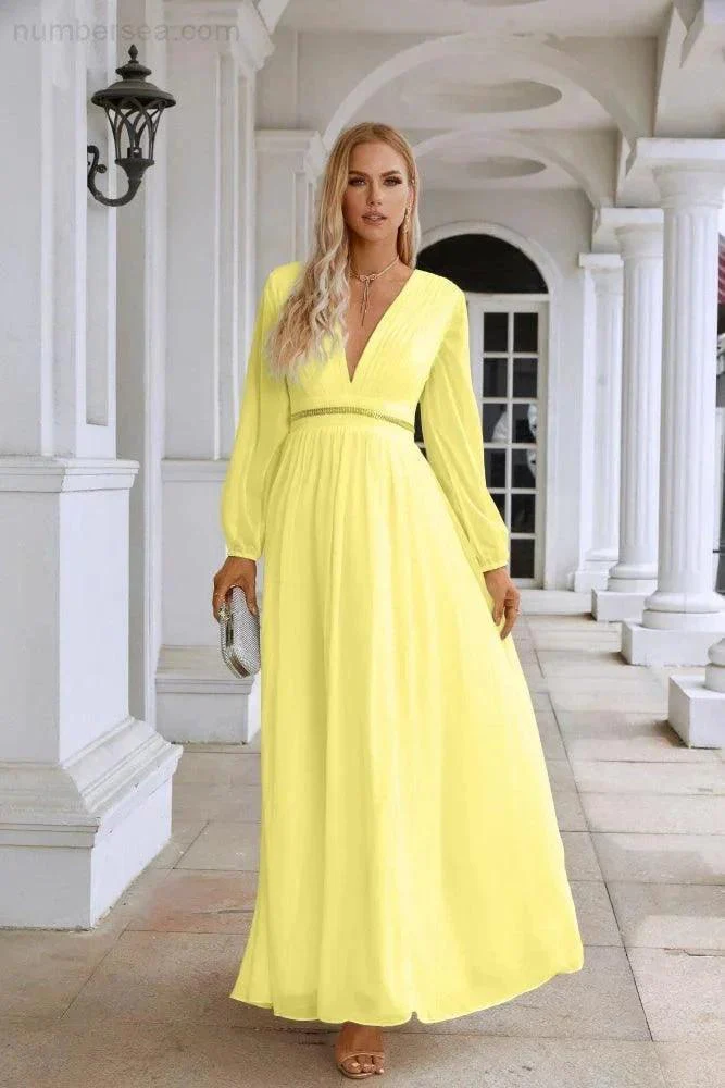 Ladies V Neck Chiffon Long Sleeve Front Slit Bridesmaid Evening Dress Wedding Party Shopping Evening Dress 28109 - Image 67