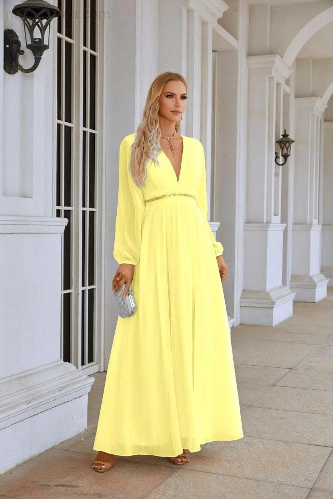 Ladies V Neck Chiffon Long Sleeve Front Slit Bridesmaid Evening Dress Wedding Party Shopping Evening Dress 28109 - Image 68