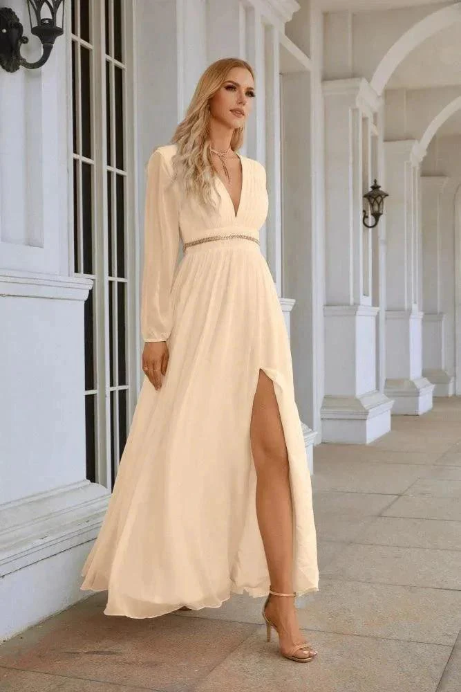 Ladies V Neck Chiffon Long Sleeve Front Slit Bridesmaid Evening Dress Wedding Party Shopping Evening Dress 28109 - Image 69