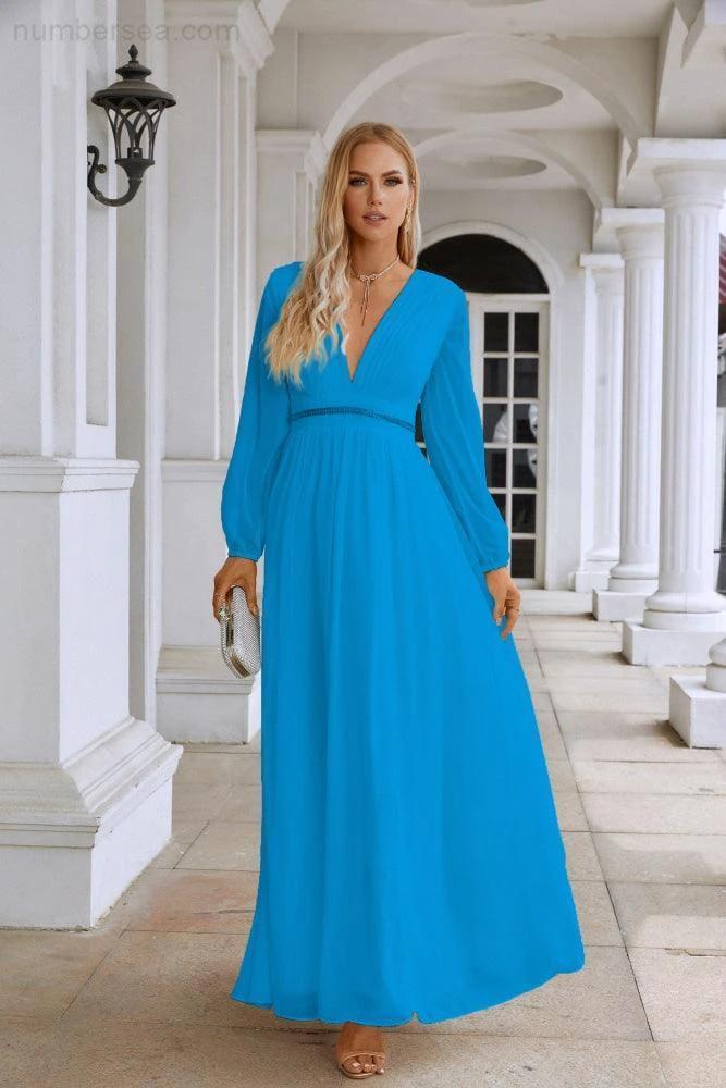 Ladies V Neck Chiffon Long Sleeve Front Slit Bridesmaid Evening Dress Wedding Party Shopping Evening Dress 28109 - Image 7