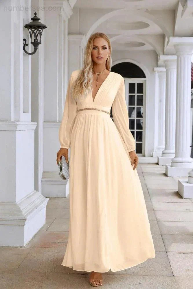 Ladies V Neck Chiffon Long Sleeve Front Slit Bridesmaid Evening Dress Wedding Party Shopping Evening Dress 28109 - Image 71