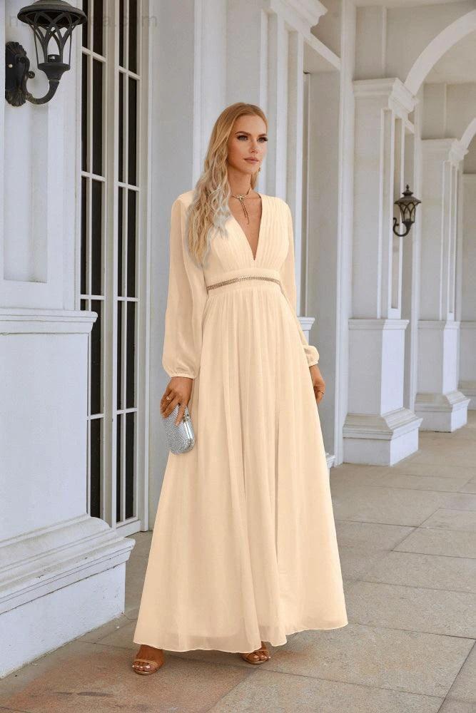 Ladies V Neck Chiffon Long Sleeve Front Slit Bridesmaid Evening Dress Wedding Party Shopping Evening Dress 28109 - Image 72