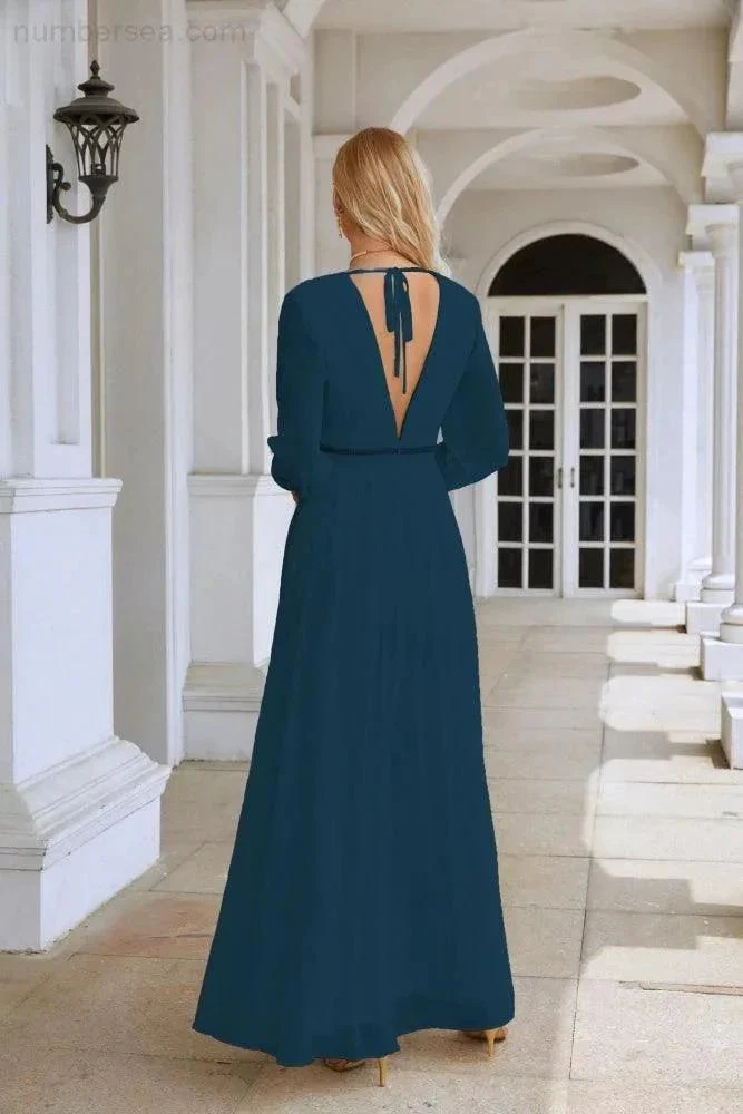 Ladies V Neck Chiffon Long Sleeve Front Slit Bridesmaid Evening Dress Wedding Party Shopping Evening Dress 28109 - Image 74