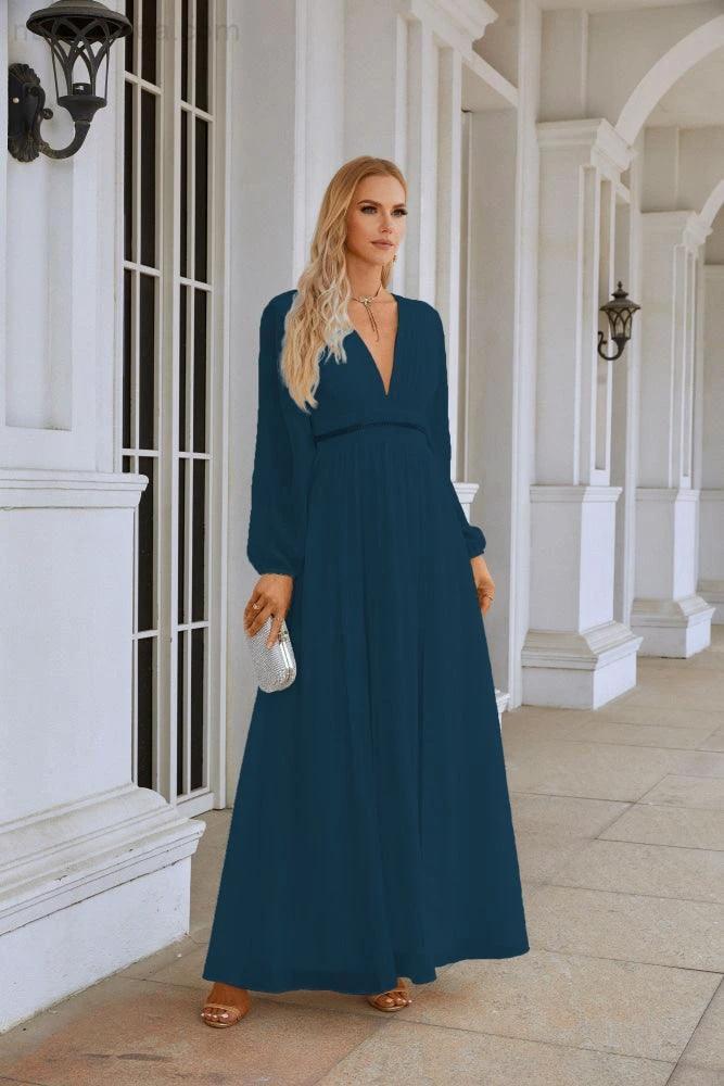 Ladies V Neck Chiffon Long Sleeve Front Slit Bridesmaid Evening Dress Wedding Party Shopping Evening Dress 28109 - Image 76