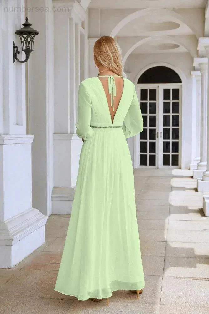 Ladies V Neck Chiffon Long Sleeve Front Slit Bridesmaid Evening Dress Wedding Party Shopping Evening Dress 28109 - Image 78