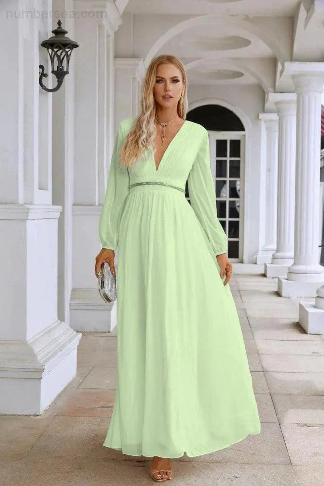 Ladies V Neck Chiffon Long Sleeve Front Slit Bridesmaid Evening Dress Wedding Party Shopping Evening Dress 28109 - Image 79