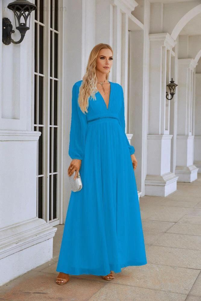 Ladies V Neck Chiffon Long Sleeve Front Slit Bridesmaid Evening Dress Wedding Party Shopping Evening Dress 28109 - Image 8