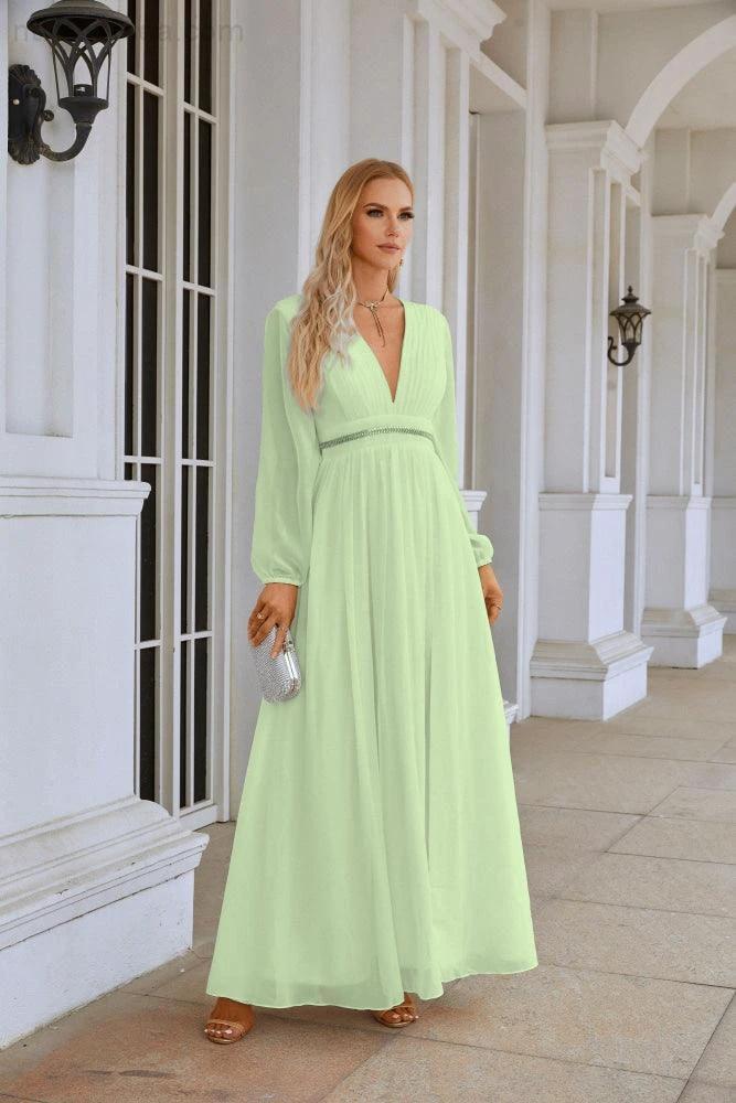 Ladies V Neck Chiffon Long Sleeve Front Slit Bridesmaid Evening Dress Wedding Party Shopping Evening Dress 28109 - Image 80