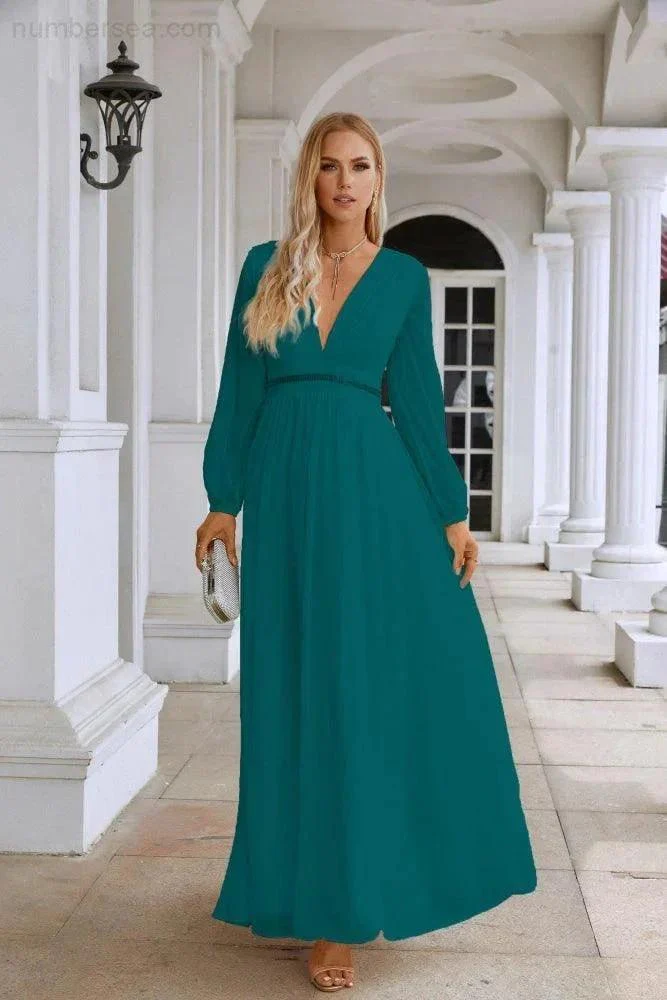 Ladies V Neck Chiffon Long Sleeve Front Slit Bridesmaid Evening Dress Wedding Party Shopping Evening Dress 28109 - Image 83