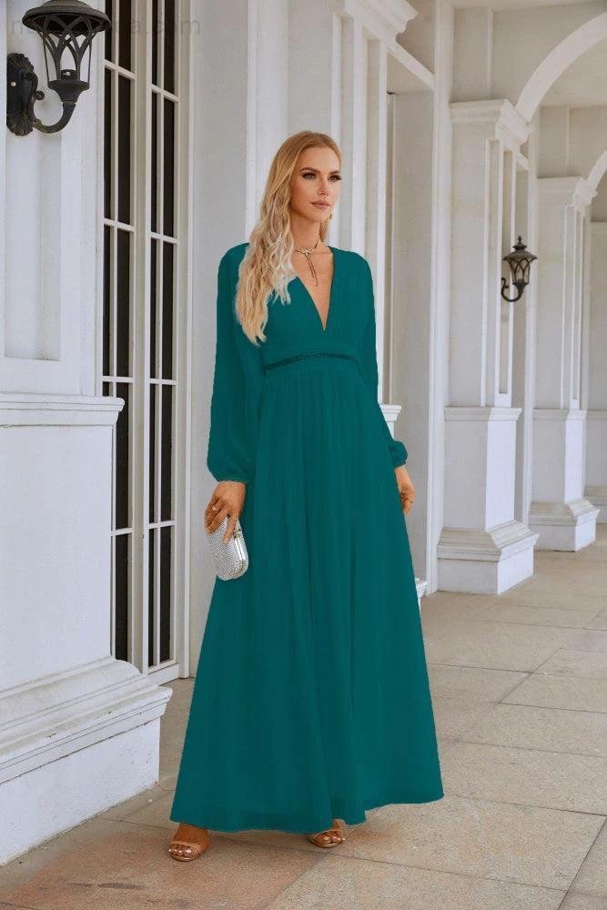 Ladies V Neck Chiffon Long Sleeve Front Slit Bridesmaid Evening Dress Wedding Party Shopping Evening Dress 28109 - Image 84