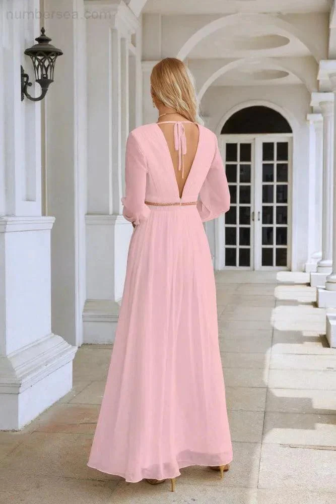 Ladies V Neck Chiffon Long Sleeve Front Slit Bridesmaid Evening Dress Wedding Party Shopping Evening Dress 28109 - Image 86