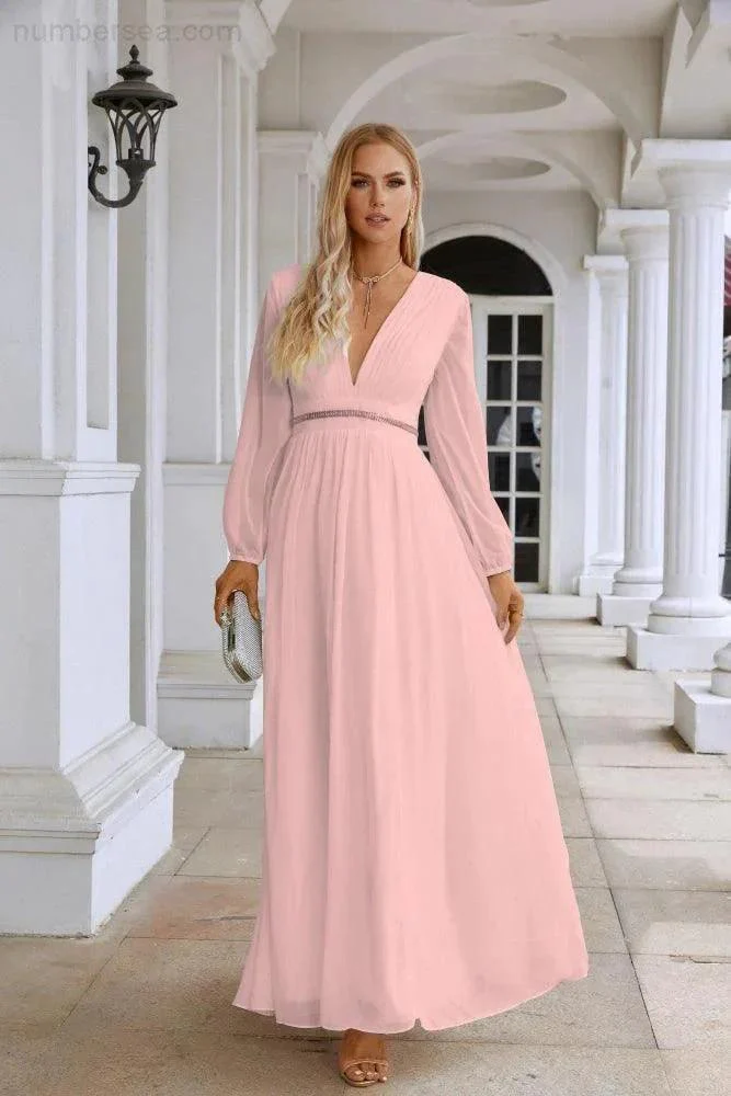 Ladies V Neck Chiffon Long Sleeve Front Slit Bridesmaid Evening Dress Wedding Party Shopping Evening Dress 28109 - Image 87