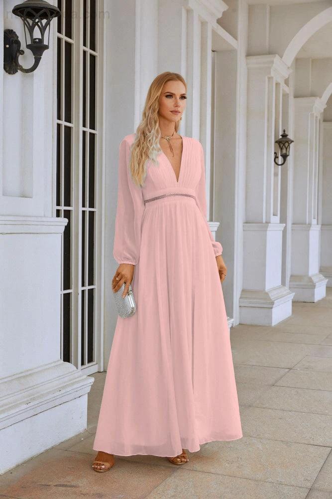 Ladies V Neck Chiffon Long Sleeve Front Slit Bridesmaid Evening Dress Wedding Party Shopping Evening Dress 28109 - Image 88