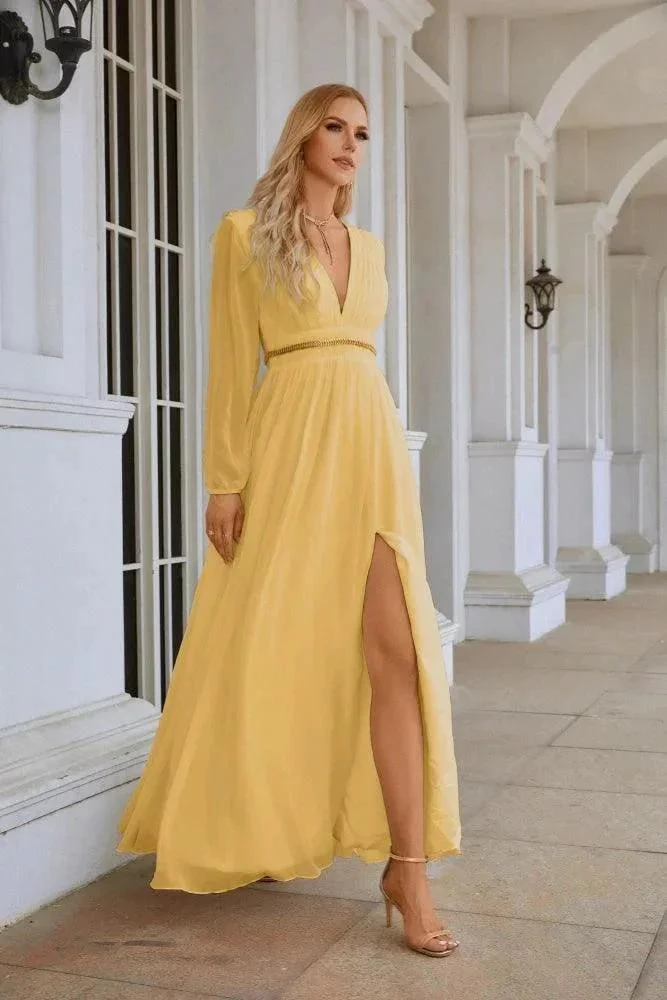 Ladies V Neck Chiffon Long Sleeve Front Slit Bridesmaid Evening Dress Wedding Party Shopping Evening Dress 28109 - Image 89