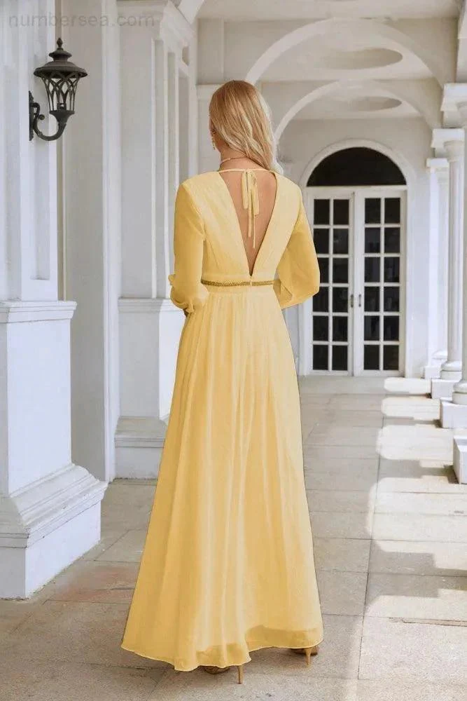 Ladies V Neck Chiffon Long Sleeve Front Slit Bridesmaid Evening Dress Wedding Party Shopping Evening Dress 28109 - Image 90