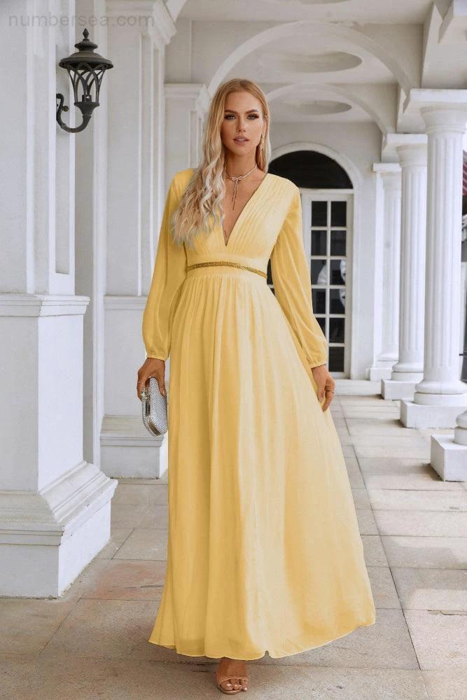 Ladies V Neck Chiffon Long Sleeve Front Slit Bridesmaid Evening Dress Wedding Party Shopping Evening Dress 28109 - Image 91