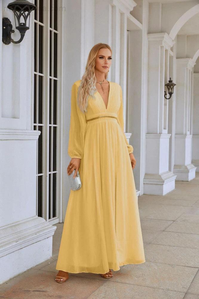 Ladies V Neck Chiffon Long Sleeve Front Slit Bridesmaid Evening Dress Wedding Party Shopping Evening Dress 28109 - Image 92