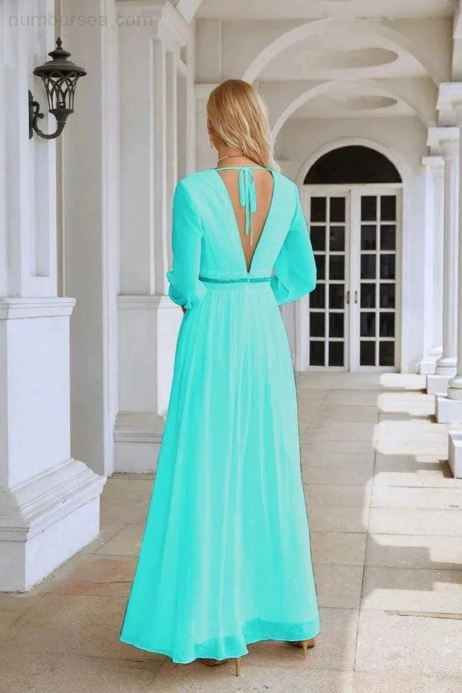 Ladies V Neck Chiffon Long Sleeve Front Slit Bridesmaid Evening Dress Wedding Party Shopping Evening Dress 28109 - Image 94