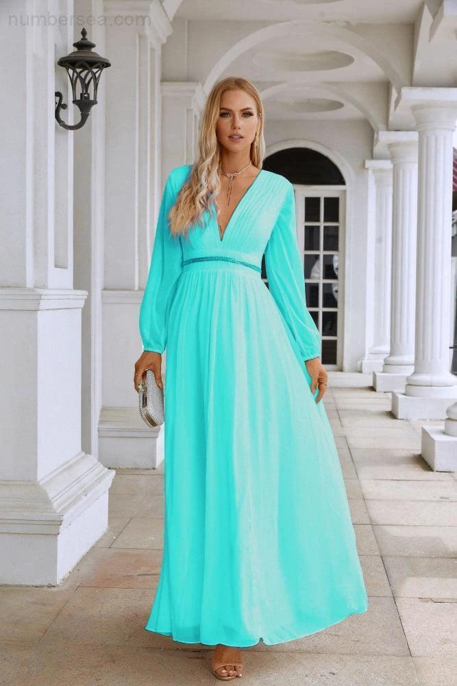 Ladies V Neck Chiffon Long Sleeve Front Slit Bridesmaid Evening Dress Wedding Party Shopping Evening Dress 28109 - Image 95