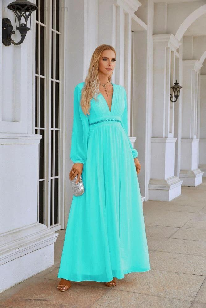 Ladies V Neck Chiffon Long Sleeve Front Slit Bridesmaid Evening Dress Wedding Party Shopping Evening Dress 28109 - Image 96