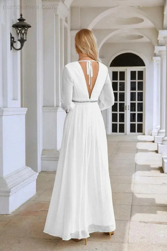 Ladies V Neck Chiffon Long Sleeve Front Slit Bridesmaid Evening Dress Wedding Party Shopping Evening Dress 28109 - Image 98