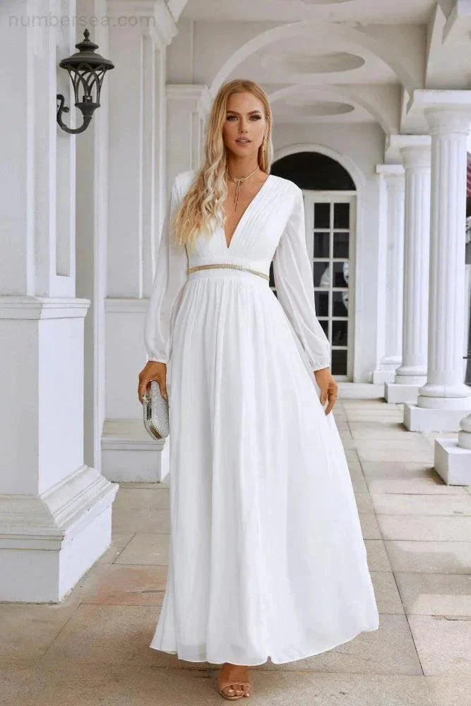 Ladies V Neck Chiffon Long Sleeve Front Slit Bridesmaid Evening Dress Wedding Party Shopping Evening Dress 28109 - Image 99