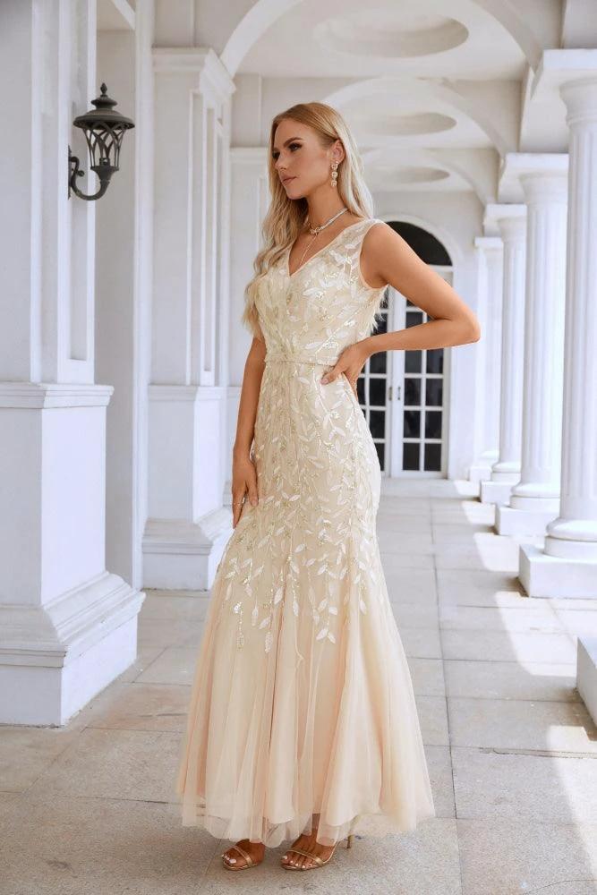 Ladies V Neck Embroidery Sleeveless Floor Length Mermaid Bridesmaid Evening Dress Wedding Party Prom Evening Dress SY28110 - Image 2