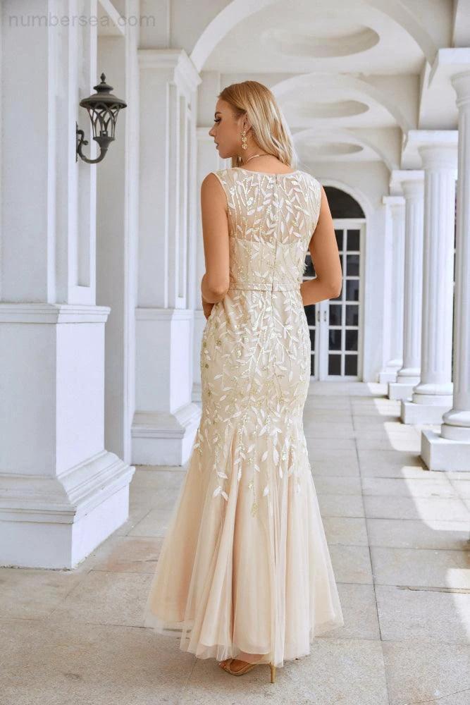Ladies V Neck Embroidery Sleeveless Floor Length Mermaid Bridesmaid Evening Dress Wedding Party Prom Evening Dress SY28110 - Image 3