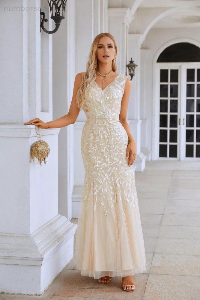 Ladies V Neck Embroidery Sleeveless Floor Length Mermaid Bridesmaid Evening Dress Wedding Party Prom Evening Dress SY28110 - Image 4