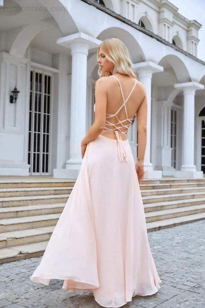 Numbersea Ladies V Neck Front Slit Lace Spaghetti Strap Chiffon Bridesmaid Dress Party Wedding Evening Dress 28088 - Image 2
