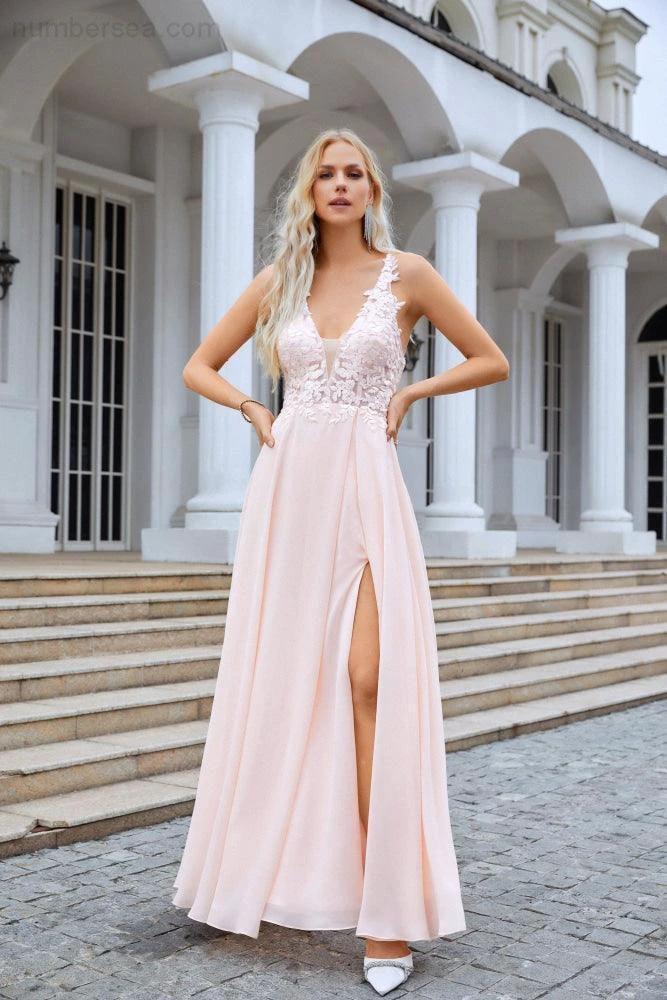 Numbersea Ladies V Neck Front Slit Lace Spaghetti Strap Chiffon Bridesmaid Dress Party Wedding Evening Dress 28088 - Image 3