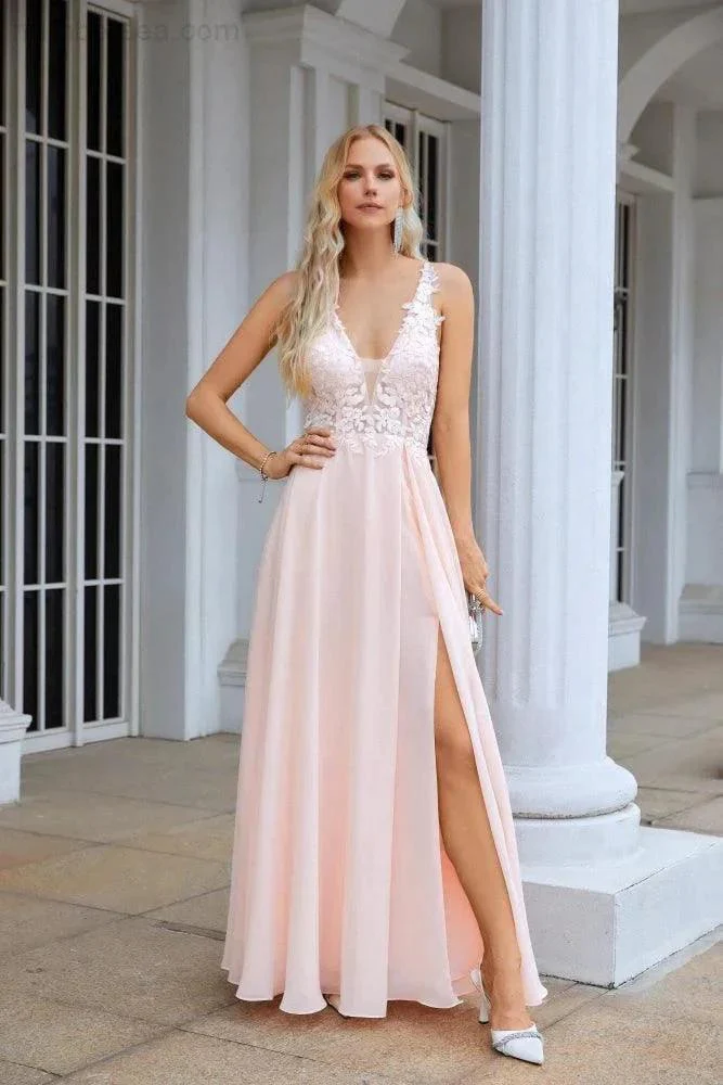 Numbersea Ladies V Neck Front Slit Lace Spaghetti Strap Chiffon Bridesmaid Dress Party Wedding Evening Dress 28088 - Image 4