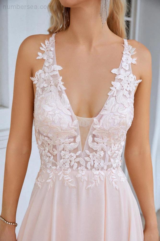 Numbersea Ladies V Neck Front Slit Lace Spaghetti Strap Chiffon Bridesmaid Dress Party Wedding Evening Dress 28088 - Image 5