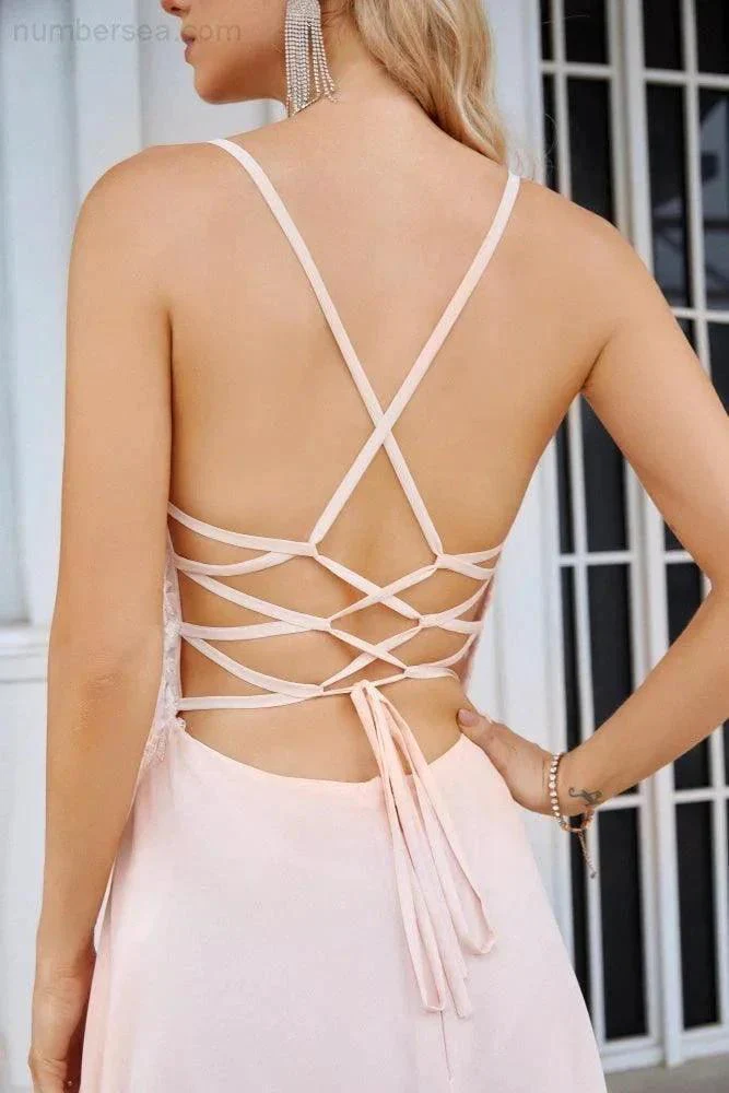 Numbersea Ladies V Neck Front Slit Lace Spaghetti Strap Chiffon Bridesmaid Dress Party Wedding Evening Dress 28088 - Image 6