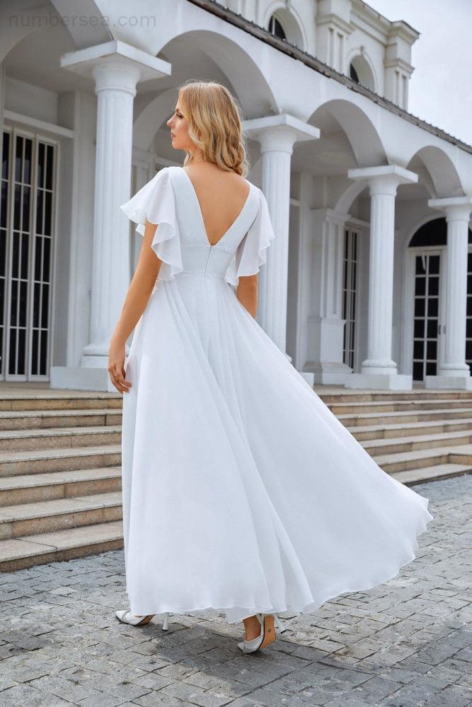 Ladies V Neck Ruffle Sleeves Chiffon Bridesmaid Evening Dress Beach Wedding Party Evening Dress 28097 - Image 2