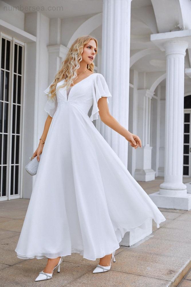 Ladies V Neck Ruffle Sleeves Chiffon Bridesmaid Evening Dress Beach Wedding Party Evening Dress 28097 - Image 3
