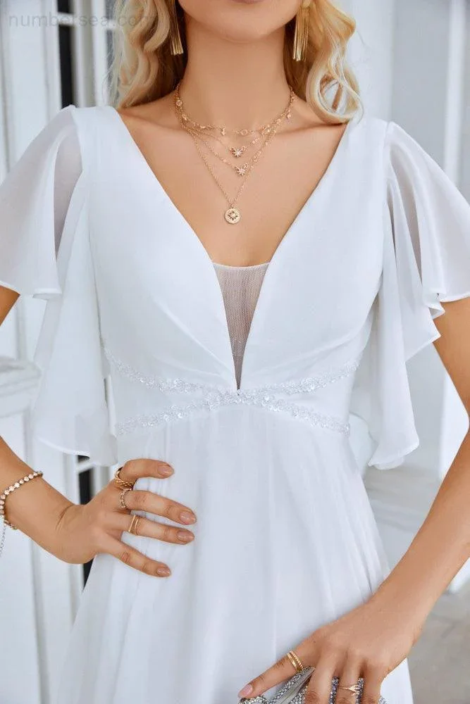 Ladies V Neck Ruffle Sleeves Chiffon Bridesmaid Evening Dress Beach Wedding Party Evening Dress 28097 - Image 4