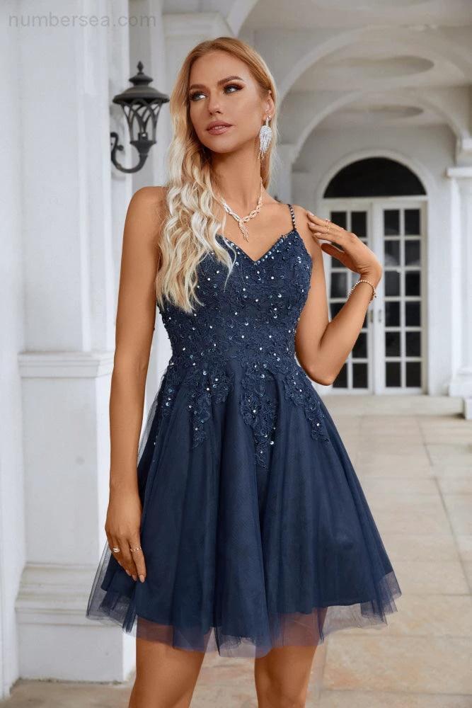 Ladies V Neck Sequins Embroidered Spaghetti Straps Super Short Bridesmaid Evening Dress Wedding Party Beach Evening Dress 28102 - Image 2