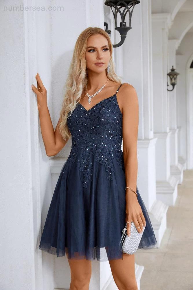 Ladies V Neck Sequins Embroidered Spaghetti Straps Super Short Bridesmaid Evening Dress Wedding Party Beach Evening Dress 28102 - Image 4