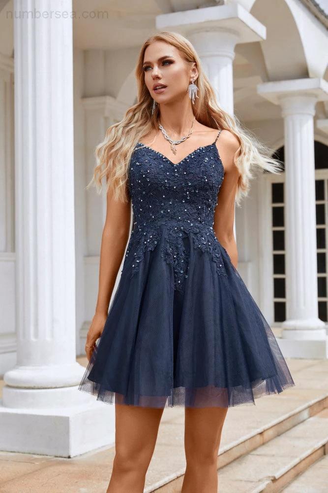 Ladies V Neck Sequins Embroidered Spaghetti Straps Super Short Bridesmaid Evening Dress Wedding Party Beach Evening Dress 28102 - Image 5
