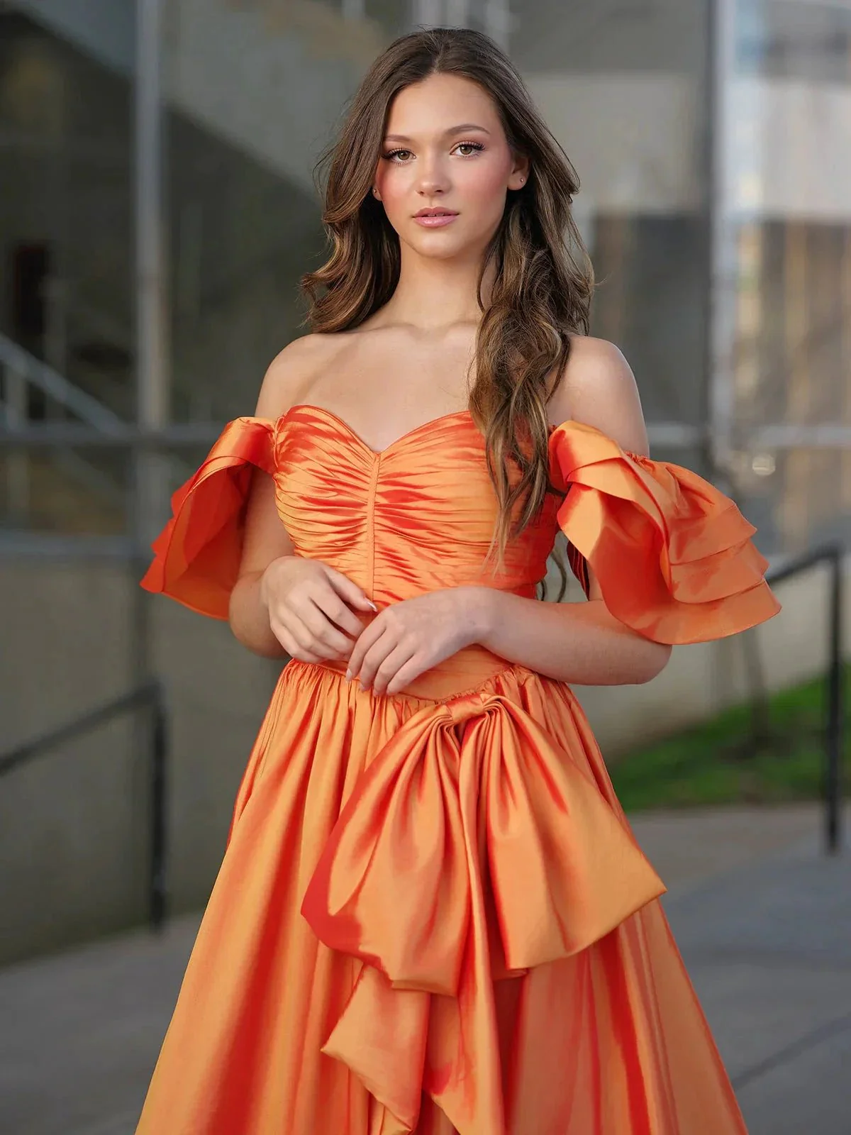Lael | Orange Sweetheart Pleated A-Line Prom Dress With Bow - Image 4