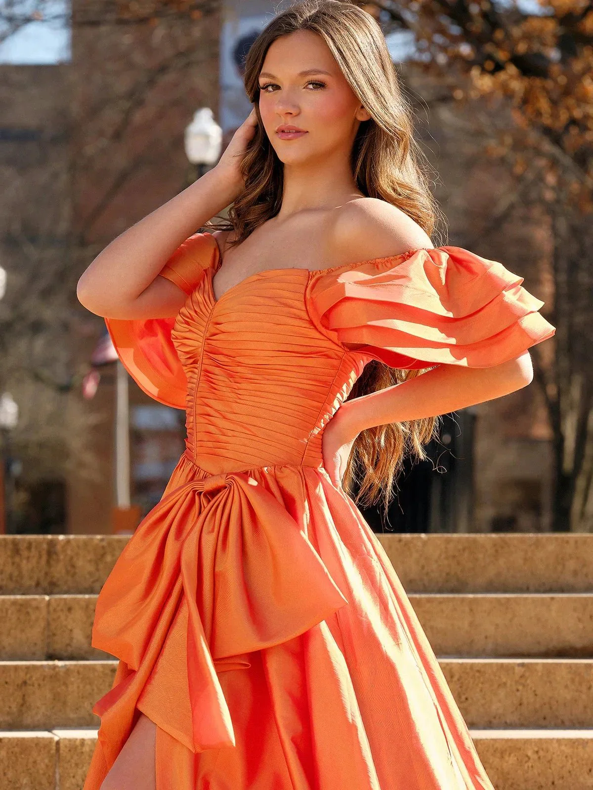Lael | Orange Sweetheart Pleated A-Line Prom Dress With Bow - Image 5