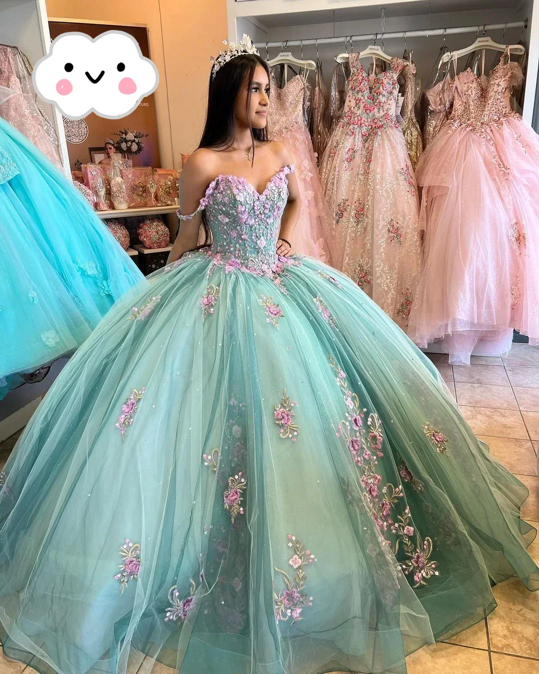 Lake Blue Princess Ball Gown 3D Flowers Quinceanera Dresses Off Shoulder Appliques Beaded Maxi Sweet 16 Dress Y2632 - Image 2