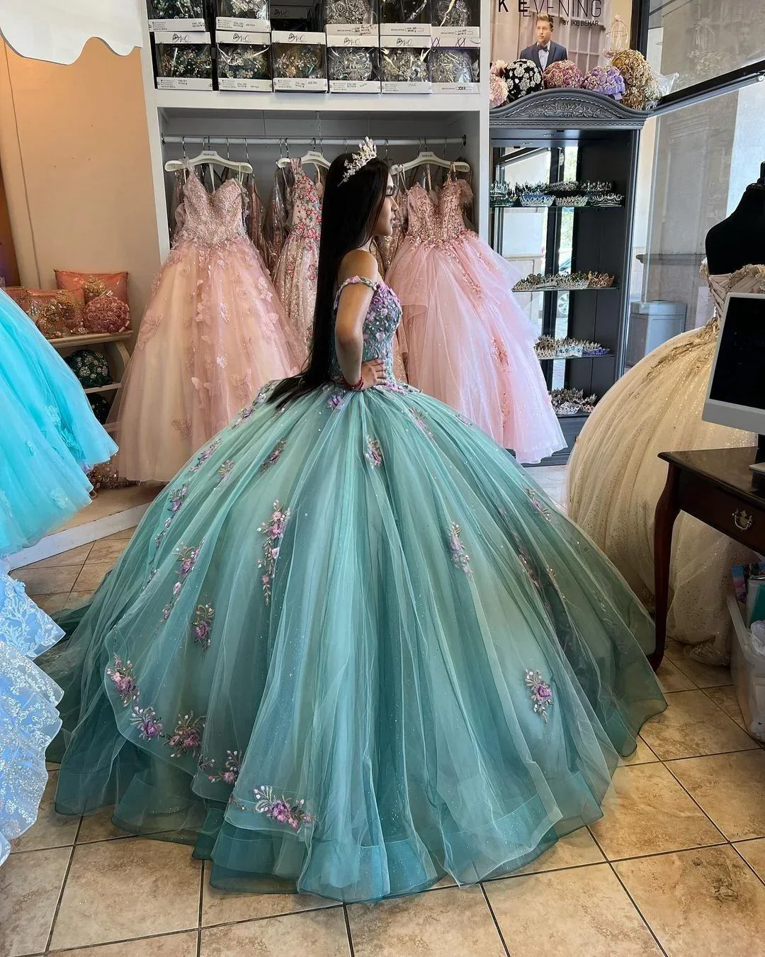 Lake Blue Princess Ball Gown 3D Flowers Quinceanera Dresses Off Shoulder Appliques Beaded Maxi Sweet 16 Dress Y2632 - Image 4