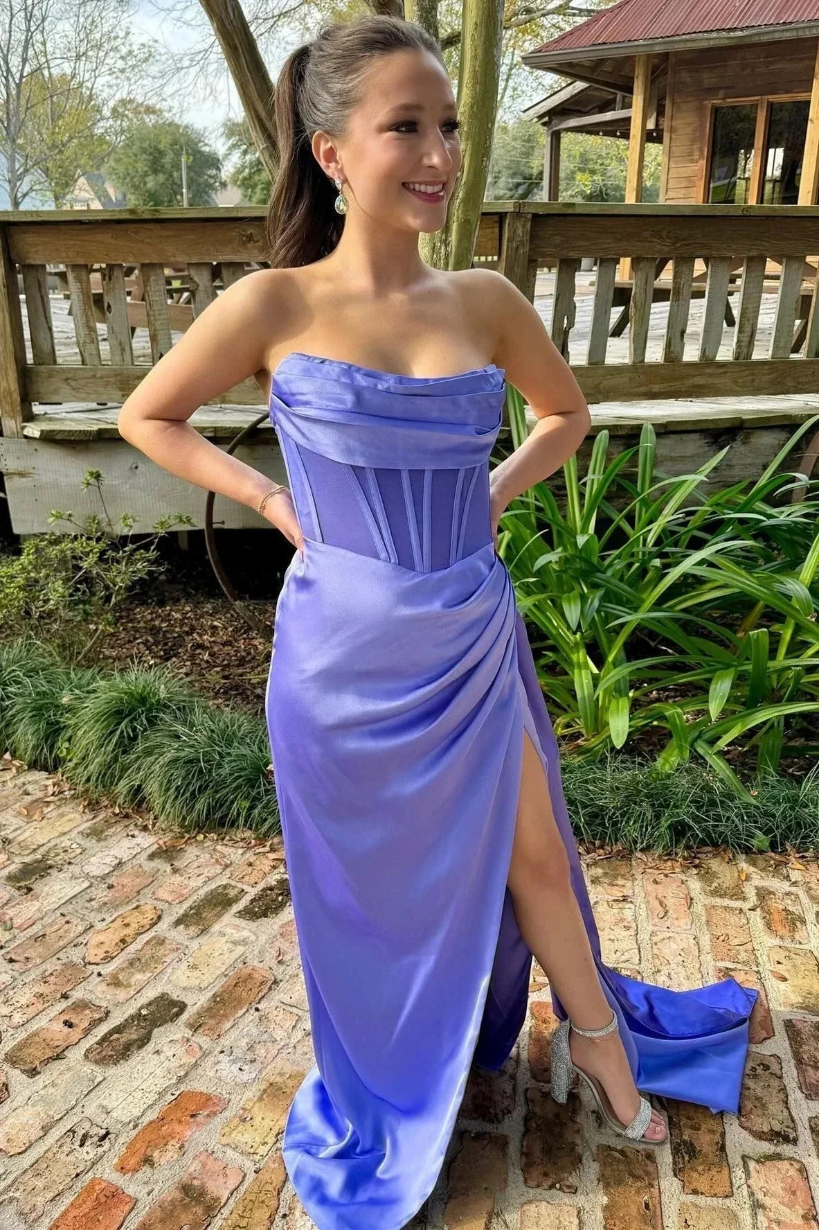 Laken | Periwinkle Strapless Pleated Formal Dress with Attached Train - Image 2