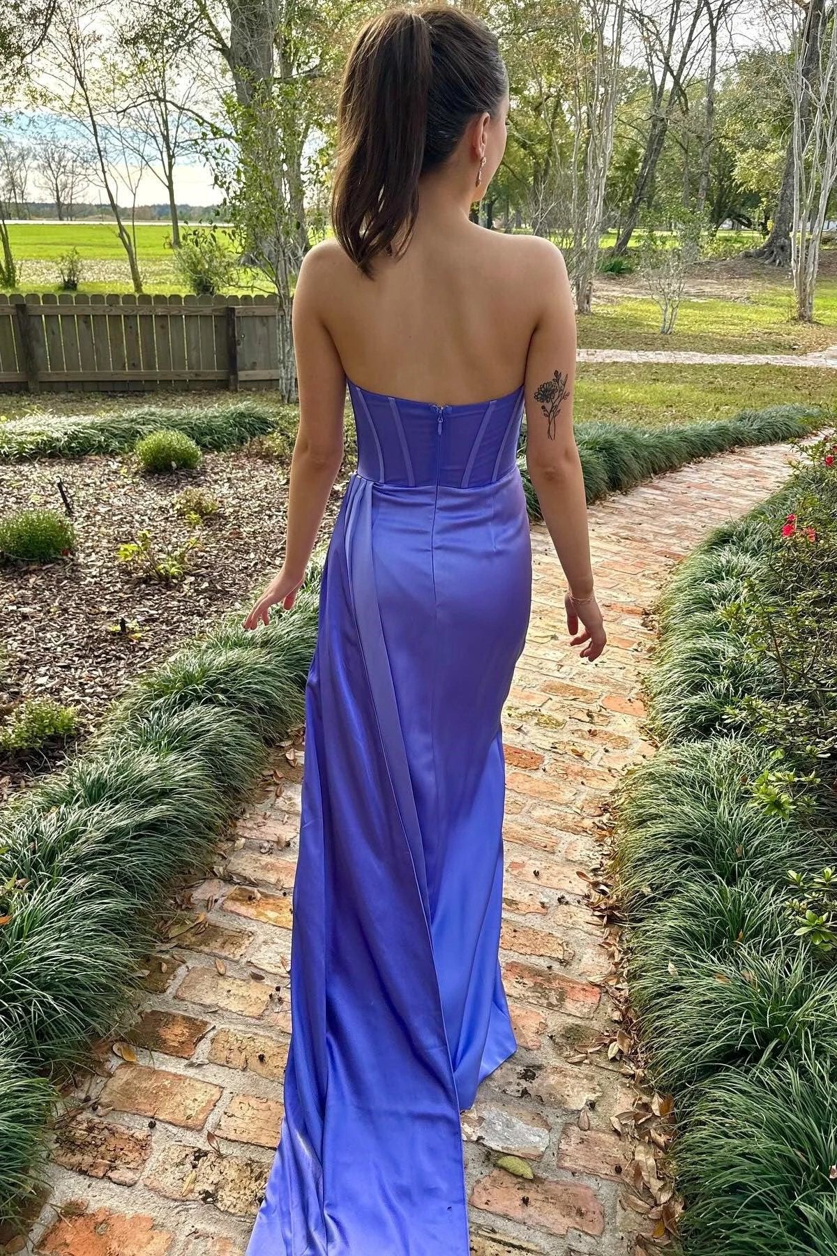 Laken | Periwinkle Strapless Pleated Formal Dress with Attached Train - Image 4