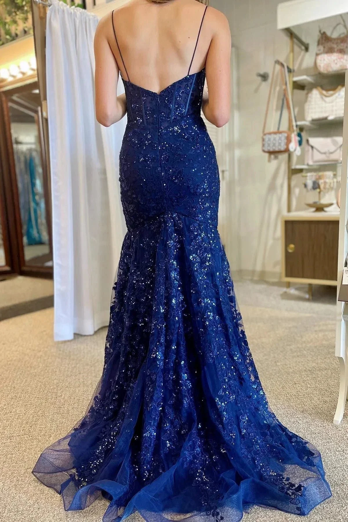 Lance | Blue Sequin Lace Spaghetti Strap Mermaid Long Formal Dress - Image 2